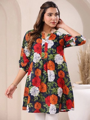 Indian Women Blue Pure Cotton Floral Printed A-line Kurt Kurti Top Tunic  Dress | eBay