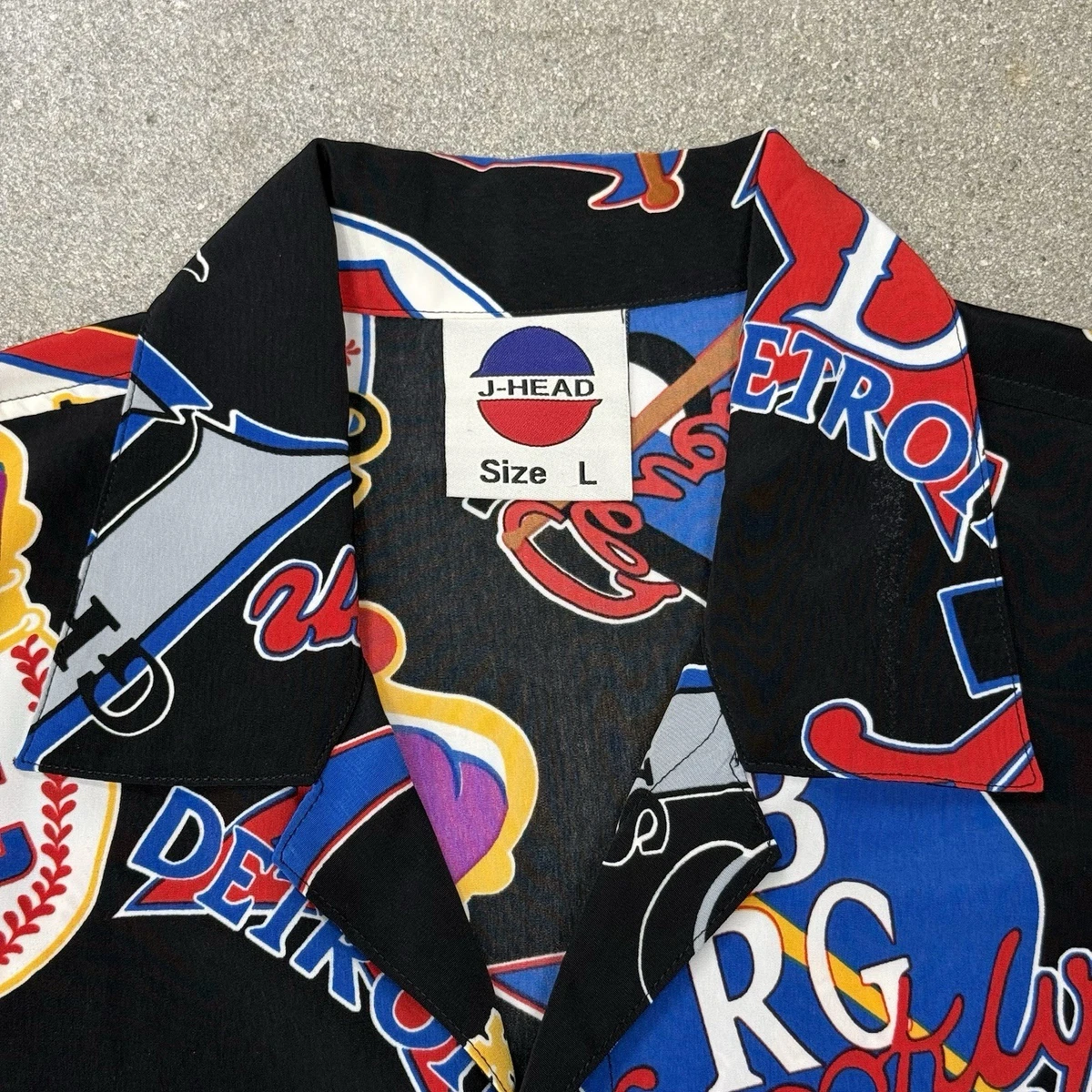 Camisa hawaiana vintage J Head Liga Negra de béisbol estampada con botones L