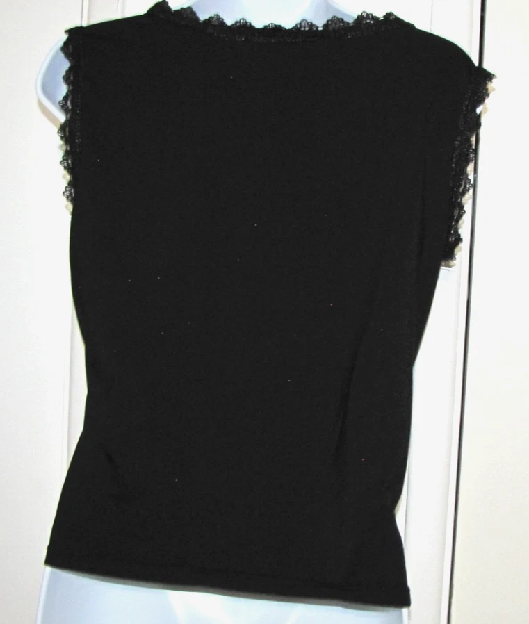 Top de encaje negro crochet boho negro forrado sin mangas dobladillo festoneado etiqueta: L se adapta a S/M Foto 3 de 4
