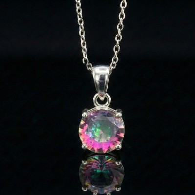925 Sterlingsilber runder facettierter mystischer Topas Edelstein Anhänger Halskette Geschenk