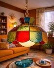 Mid-Century Tiffany Style Metal Chain 70’s MCM Stained Glass Swag Lamp Vintage