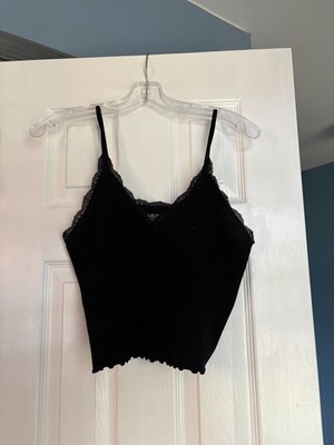 Primary Cares Size XL Black Ribbed Sleeveless V-Neck Crop Top Spaghetti Straps