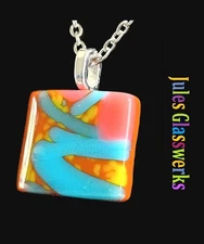 Hand Crafted   Fused Glass  Pendant Necklace W/ Chain #1599