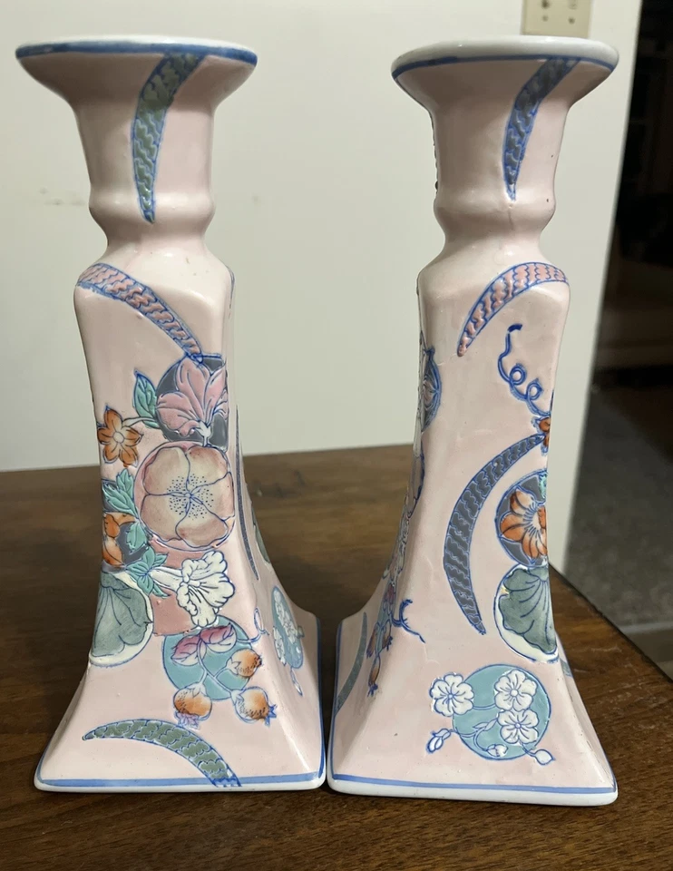Candle Sticks (2) Chinoiserie Porcelain, Pastel Raised Floral Design 8.75”Tall   - Image 3 of 4