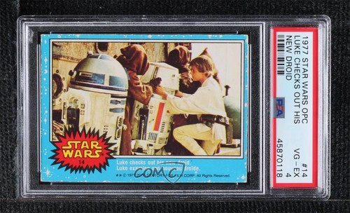1977 OPC Star Wars #14 Luke checks out his new droid — PSA 4