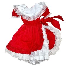 Vintage Stunning Formal Red Lace Ruffle Trim Girls' Dress White Collar Bow Tie