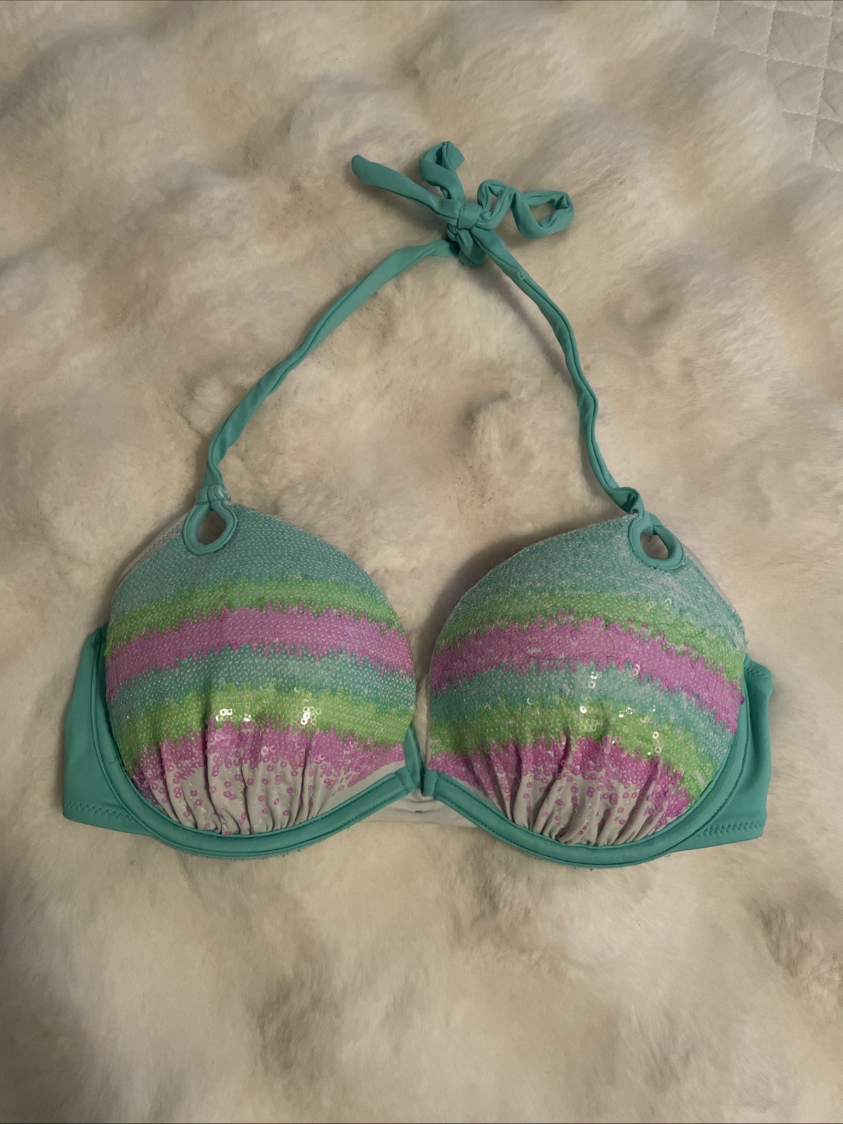 Victoria Secret Bikini Top Size 32D Shimmer Turquoise Padded String Pushup