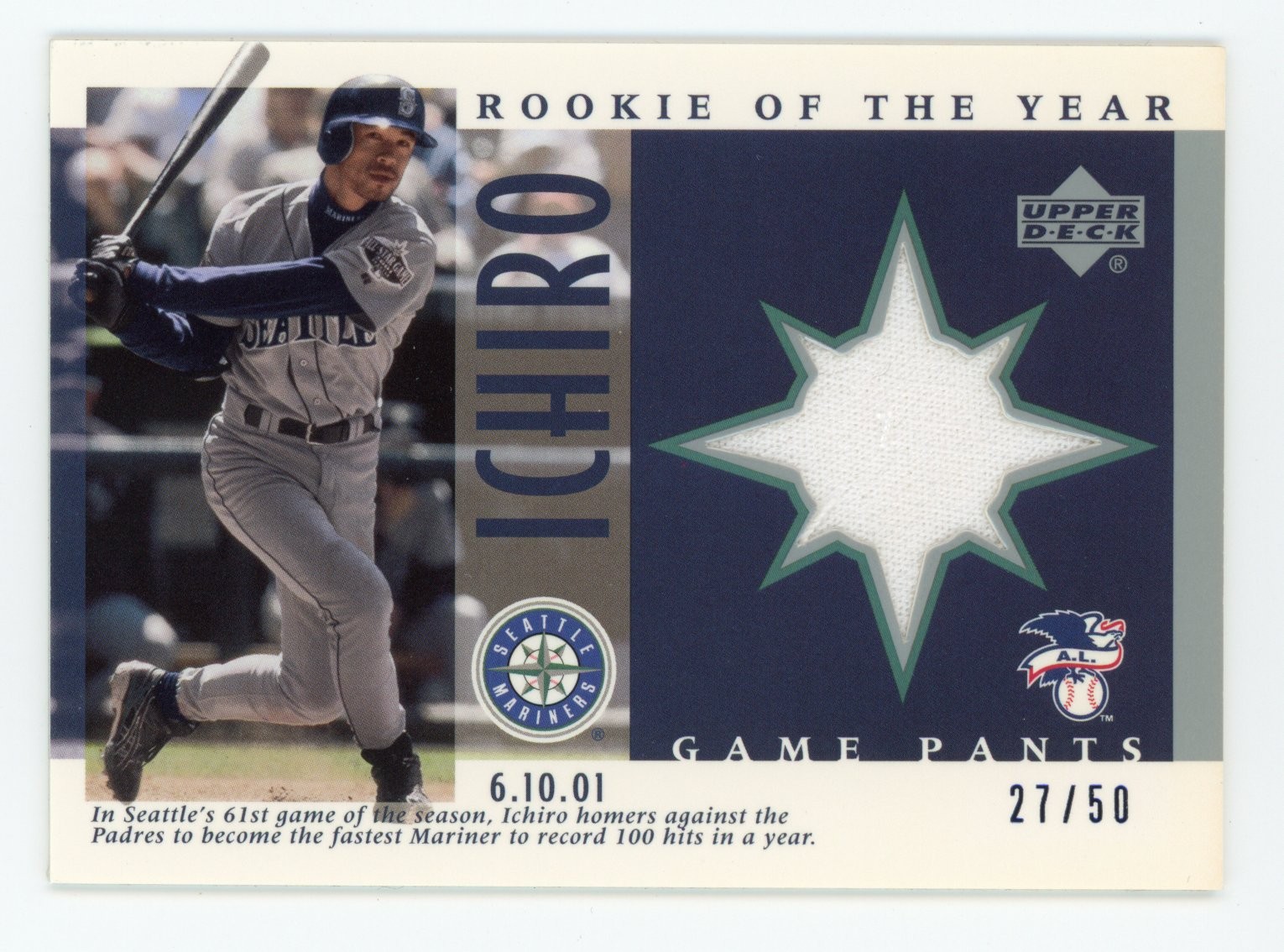 2001 UPPER DECK ROOKIE OF THE YEAR ICHIRO SUZUKI RC /50 GAME PANTS #J-I16