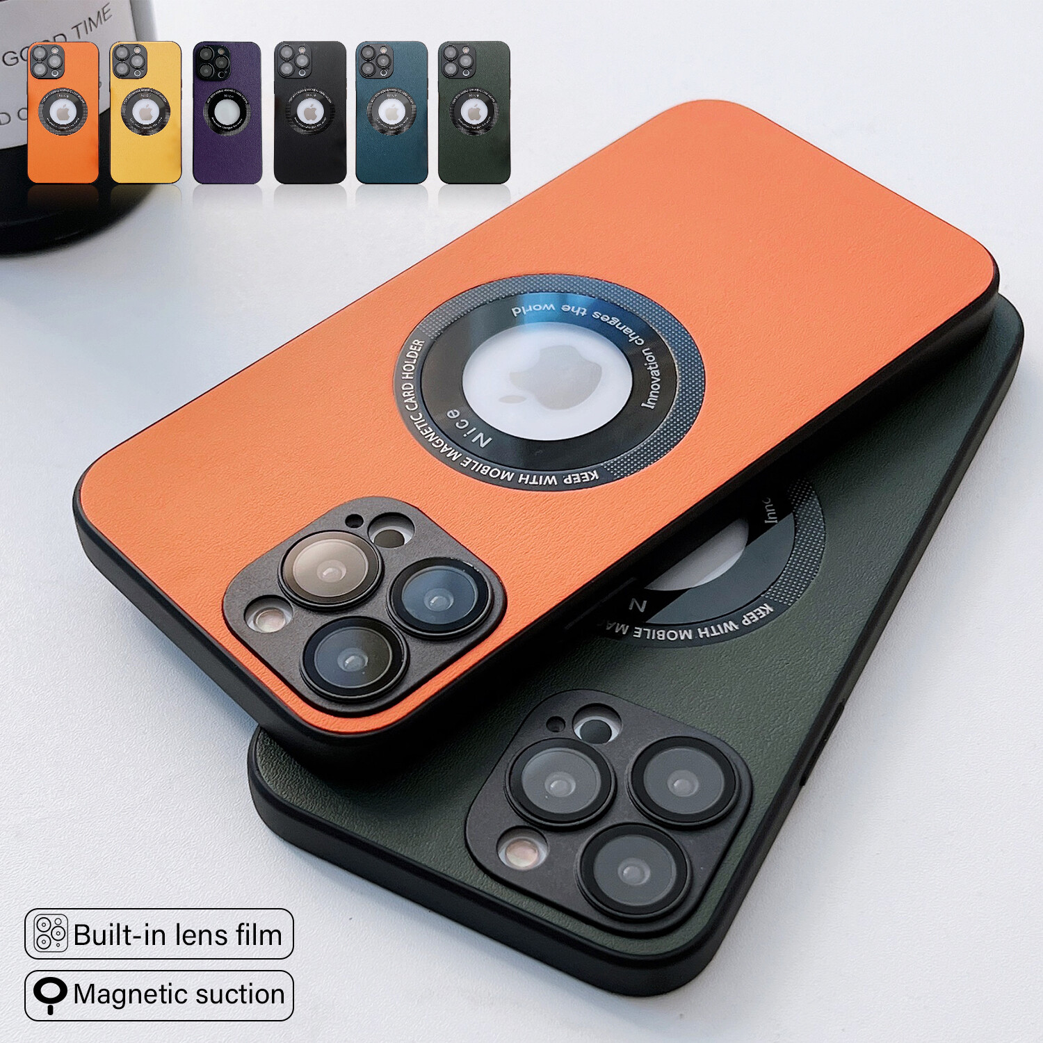 For iPhone 15 Pro Max 14 Plus 13 12 Mag Safe Leather Case Camera Lens Protector