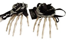 Pair of Skeleton Hands Halloween Hair Clips Silver Glitter Rose Barrette New