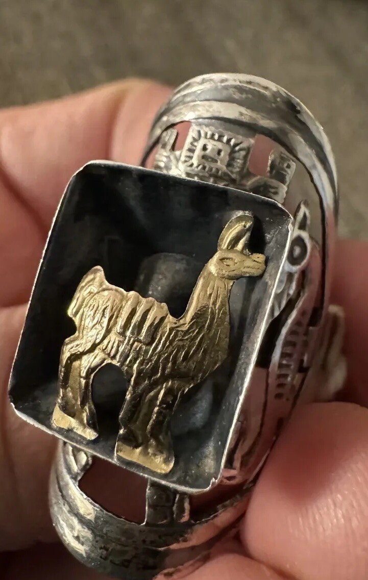 Adjustable 18k Yellow Gold Lama Llama Sterling Silver Ring Bird Lion Head Carve