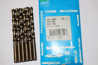 6 pcs GREENFIELD 19/64'' Jobber Length Cobalt HSCo 135 Twist Drills 46619 UA