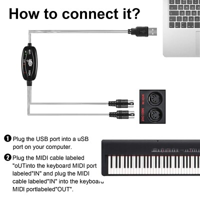USB IN-OUT MIDI Interface Converter Cable to PC Music Keyboard Adapter Cord