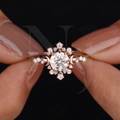 Luxury Crescent Moon 1 CT Round Moissanite Art Deco Ring For Engagement, Wedding