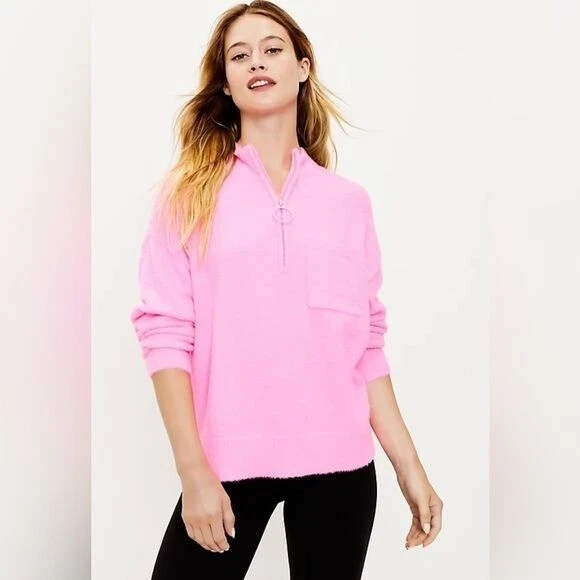 Lou Grey Fuzzy Zip Pocket Sweater Neon Pink SzSmall super soft half zip boucle