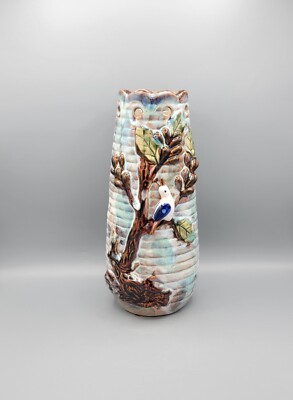Vintage Large Barbotine Majolica Style Vase Bird Leaves and Flowers 12''