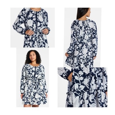Time and Tru Peasant Mini Dress XXL NWT Floral Navy Blue Lace Long Sleeve Boho