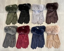 Ladies Women Faux Fur Trim Suedette Touch Screen Winter Gloves