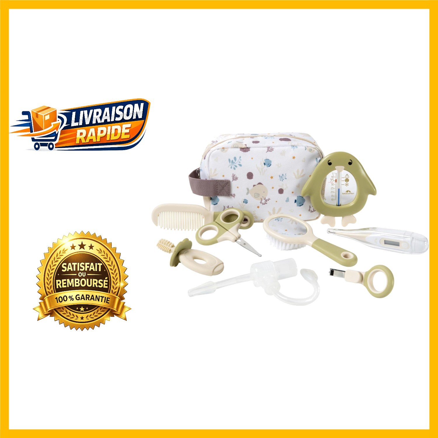 Trousse de Toilette Bebeconfort Idée Cadeau de Naissance Utile avec 8 Accessoires Coordonnés