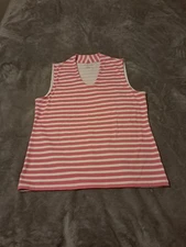 Talbots Women's Effortless Jersey Sleeveless V-neck Pink White Striped Top Sz M.