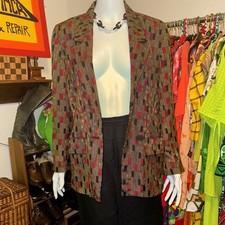 1980s Vintage Anne Klein Women  s Silk Blazer Suit Jacket Size S Black Red Yellow