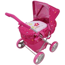 Garden Doll Pram -Large Canopy, Storage Basket & Bassinet 3+