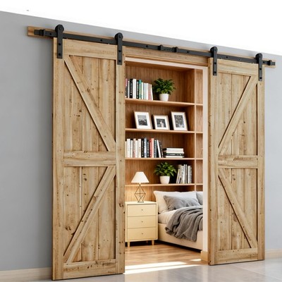 Wood Double Sliding Barn Door Hardware Basic Black Big Spoke Wheel Roller Kit