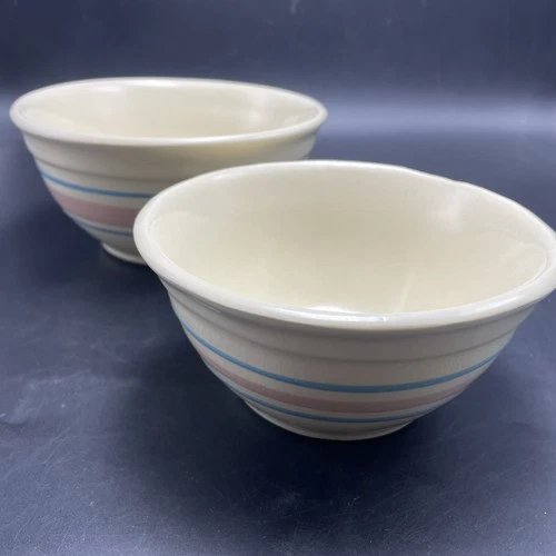 2 McCoy Pottery Pink Blue Stripe Oven Ware Mixing Bowls Vtg 6” & 7” Nesting USA