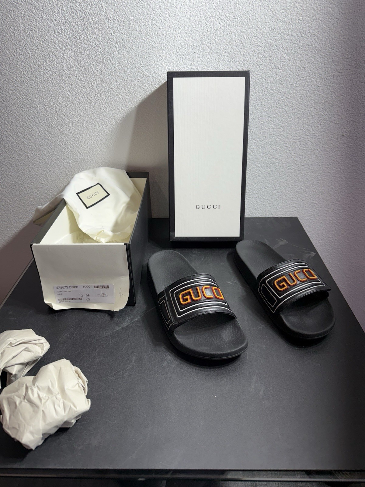 Gucci Black Slides Size 8 RARE Spelled Out Letters (authentic) Slightly Used