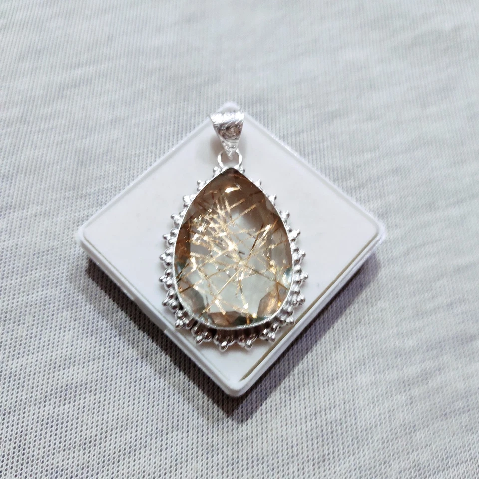 Ciondolo pietra preziosa quarzo rutilato dorato argento pietra preziosa... - Immagine 4 di 4