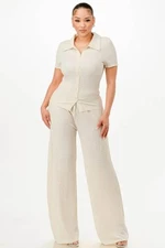 Textured Polo Top And Pants Set