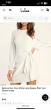 Lulu’s Believe It or Knot Long Sleeve Tie-Front Skater Dress White Medium NEW