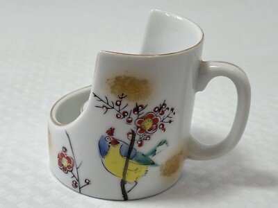 VTG Japan Shabby Chic Hand Painted Ceramic Floral Bird Half Mug Candle Holder