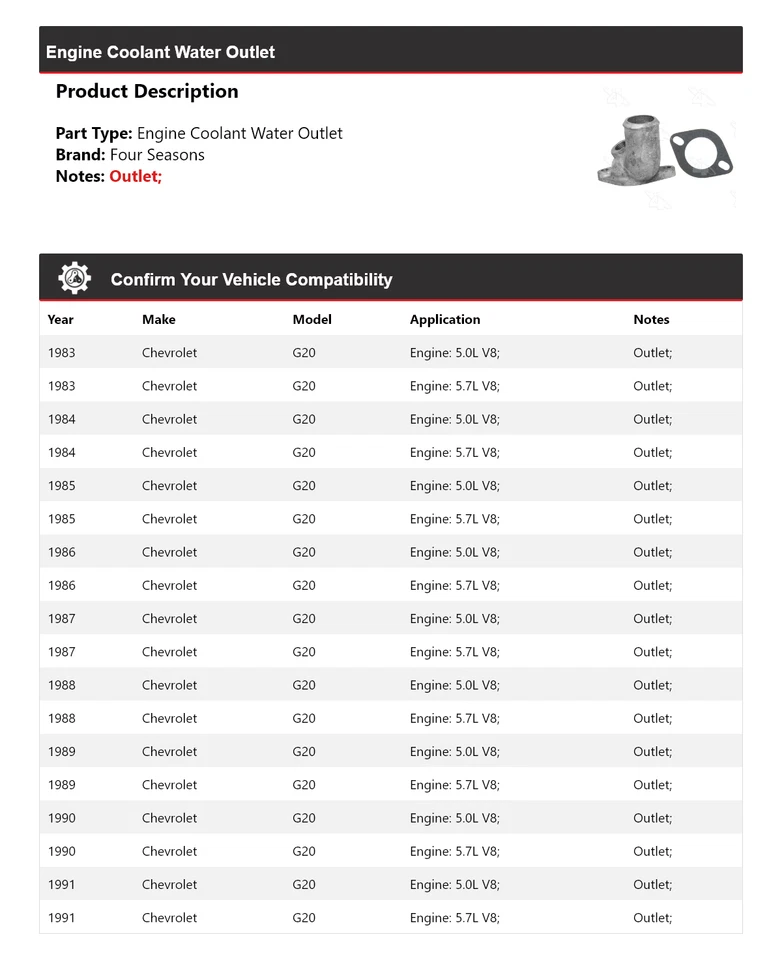 Выход охлаждающей жидкости для двигателя Chevrolet G20 1983-1991 годов выпуска 4 сезона 1984 1985 1986 - Изображение 2 из 4