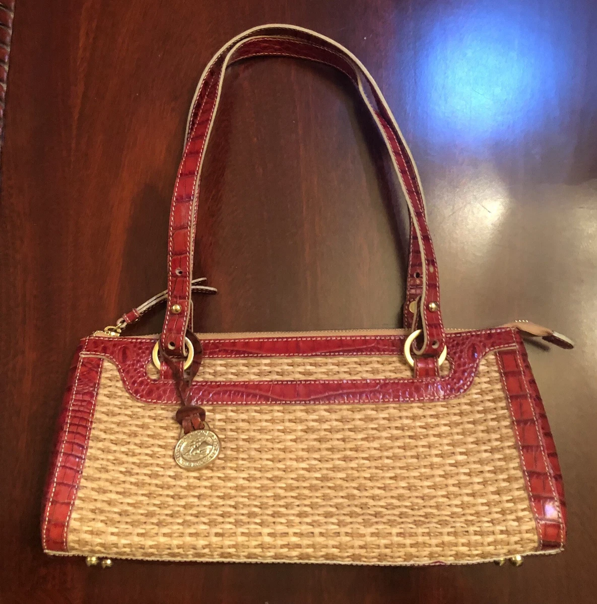 BRAHMIN Woven Straw Wicker & Red Croc-Embossed Leather Shoulder Bag Purse  USA