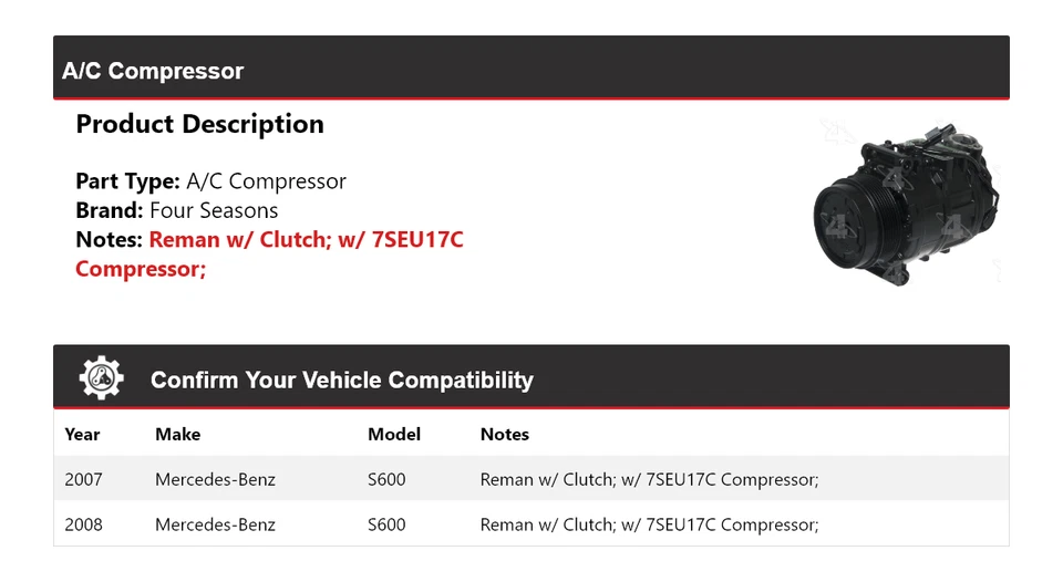 Compresor de aire acondicionado para Mercedes-Benz S600 2007-2008 4 estaciones Foto 2 de 4