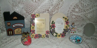 LOT OF 8 MISC DEZINE FRAMES TIN & GLASS EGGS LADY FIGURINE JAPAN HOUSES ENGLAND