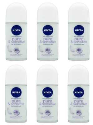 6x Nivea Pure & Sensitive Anti-perspirant Deodorant Roll On  for Women 6x 50ml