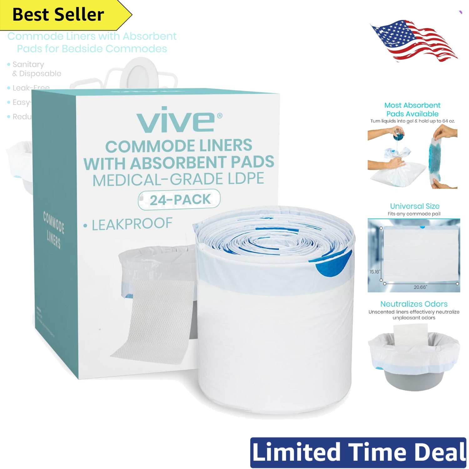 Commode Liners with Absorbent Pads 24 Pack Portable Toilet