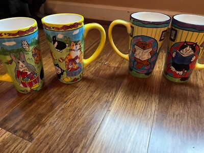 Pair of Catzilla  Tall Mugs by Candace Reiter - pick Easter Cats or Reading Cats
