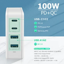USB C PD 100W Multiport Charger GaN Fast Power Delivery Adapter 4 Port USB White