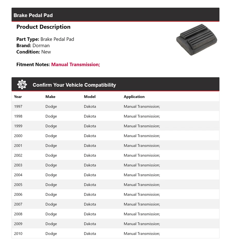 For 1997-2010 Dodge Dakota Dorman Brake Pedal Pad 1998 1999 2000 2001 2002 2003 - Image 2 of 4