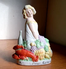 EARLY 1900 "A GOOD THING FOR YOU" PRETTY GIRL SCHAFER VATER CERAMIC WHISKEY NIP