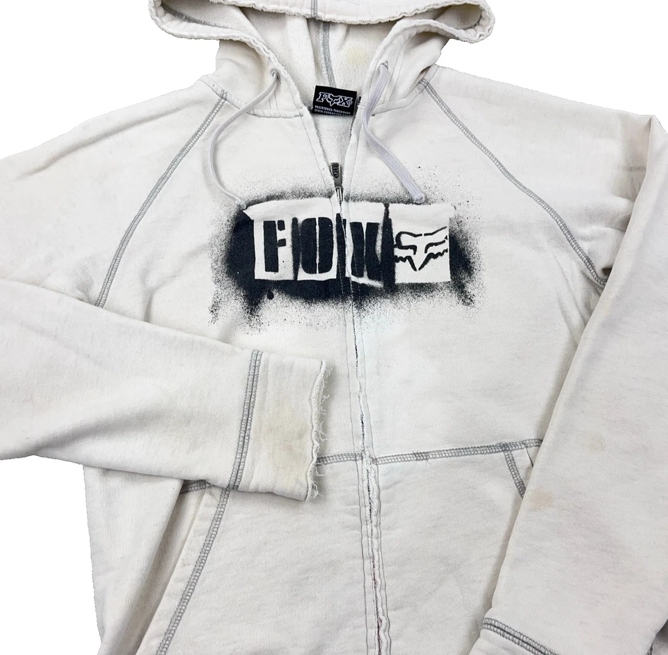 Vintage Y2K Fox Hoodie Women Small White Full Zip Sweatshirt Jacket Grunge Worn - Image 3 of 4