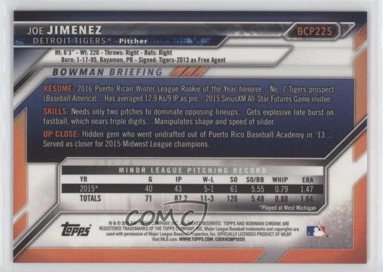 2016 Bowman Chrome Prospects Blue Shimmer Refractor Joe Jimenez #BCP225 - Image 2 of 2