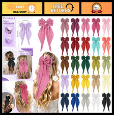 25 Pcs Big Hair Bows for Women, Plain Color Satin Bow Clips Oversized Long Tail
