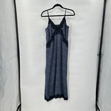 90s Grunge Indie Slip Dress Medium Lace Trim Midi Floral Blue