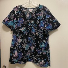 Scrubstar Womens Scrubs Scrub Top Shirt L Large 42  Floral Black Blue Pink Print