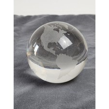 VTG Etched World Map Earth Globe Crystal Glass Paperweight Desk D cor