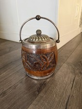 ANTIQUE VINTAGE ENGLISH OAK AND SILVER PLATE BISCUIT BARREL WITH PORCELAIN LINER